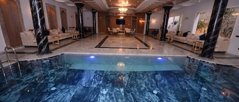 Indoor pool, outdoor pool, pool loungers