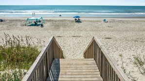 A wooden boardwalk leading to a sandy beach with a clear view of the ocean. - CottageVacations4u "The Great Escape"-ocean view villa-pool club-direct beach access (Ocean Isle Beach)