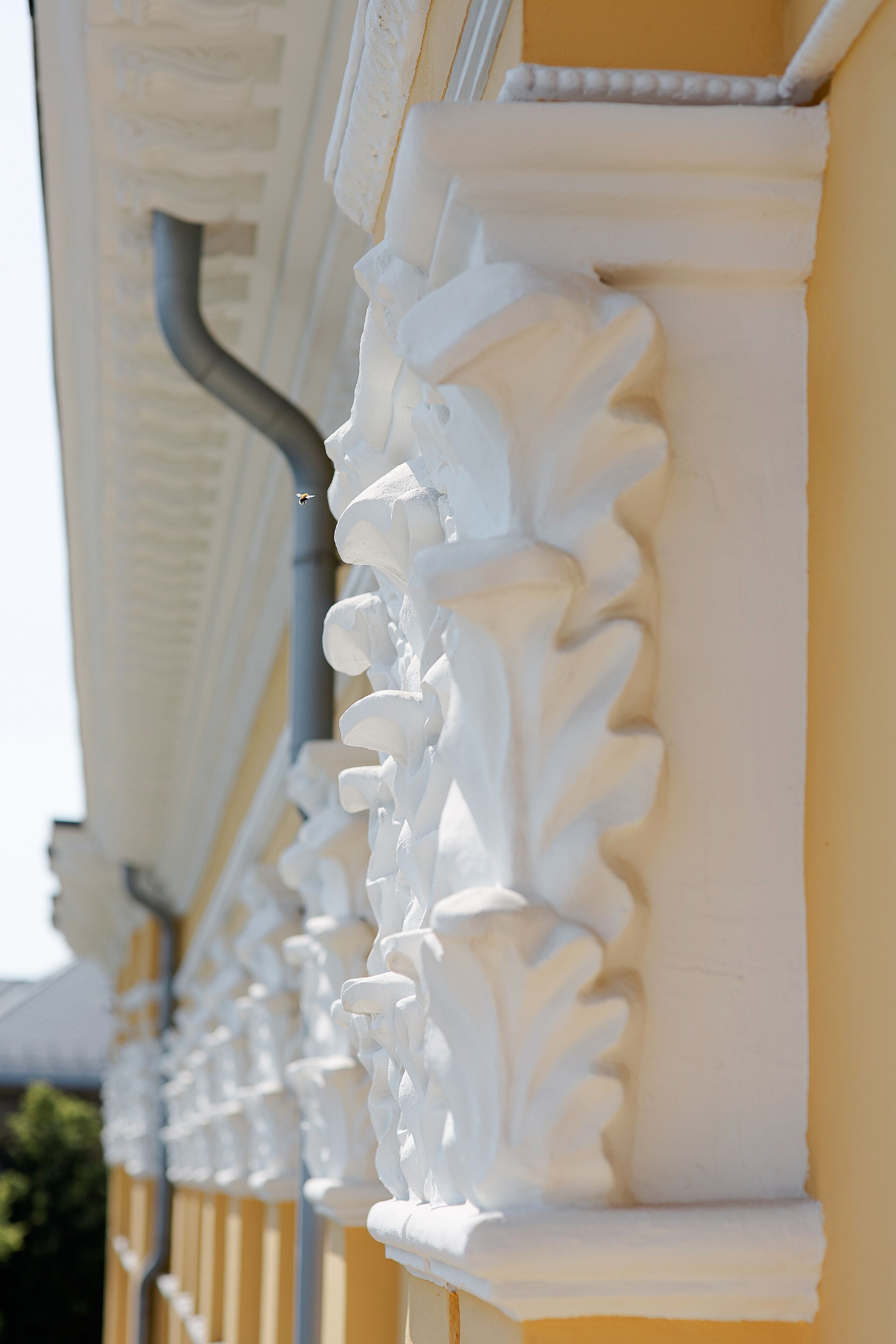 A row of white, ornate architectural details along a building's exterior.