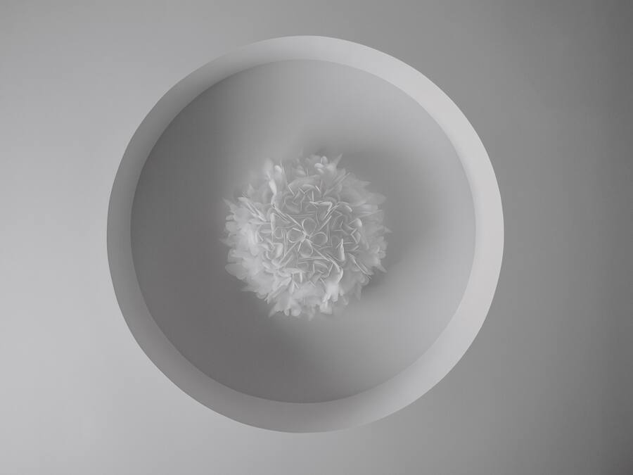 A minimalist, circular ceiling design with a central floral pattern.