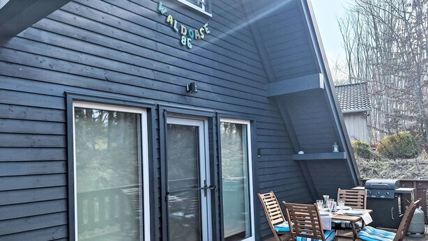 A house with a dark wooden exterior, a deck with outdoor furniture, and a sliding glass door. - Waldoase by Interhome (Bad Arolsen)