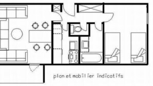A floor plan of a hotel room with a kitchenette, a seating area with a circular table, and a separate bathroom. - 100m from ski slopes, 6th floor, view ski slopes, swimming pool, balcony, tv, ski locker, 35m² (La Plagne)