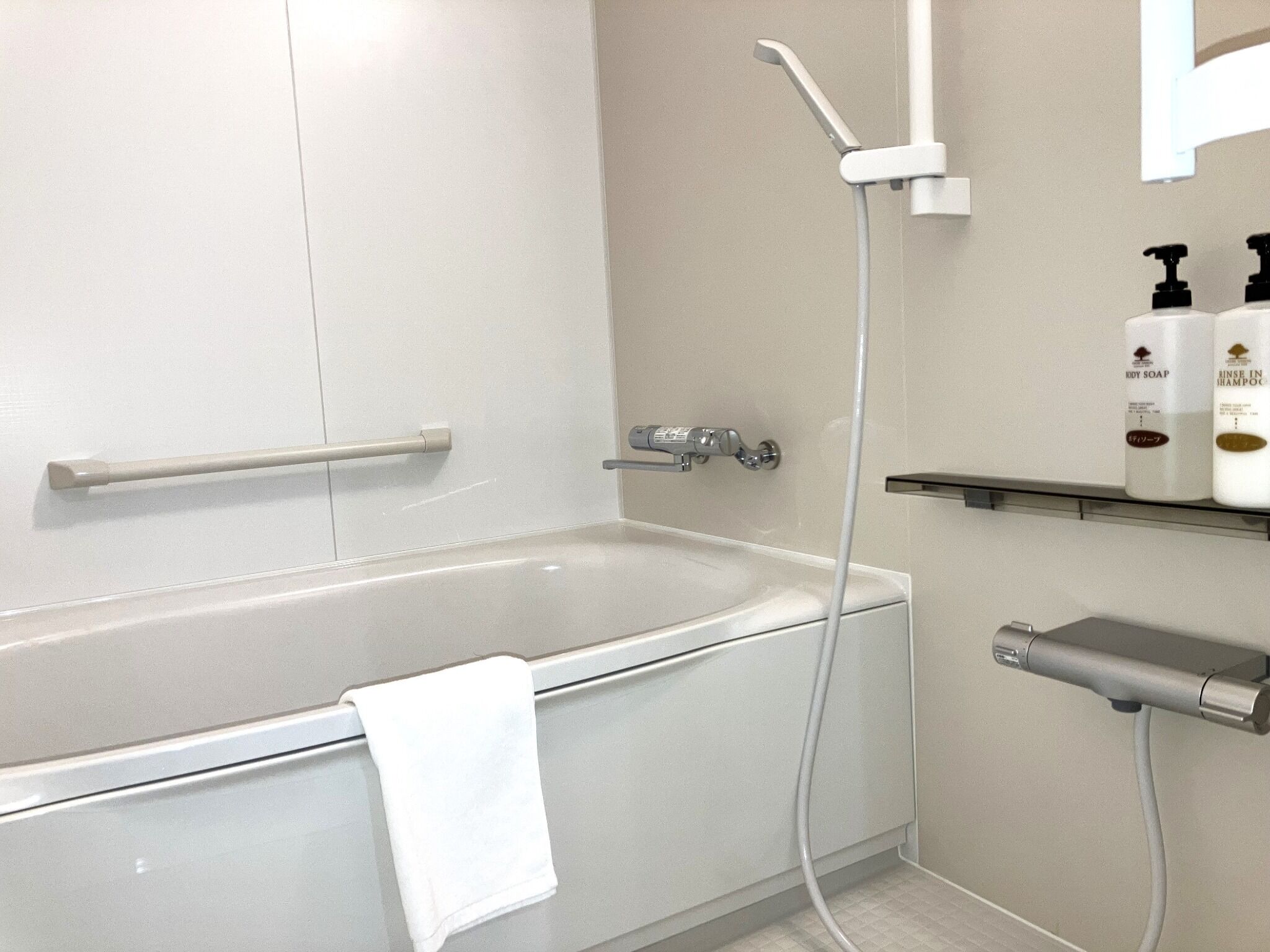 Hair dryer, towels, soap, shampoo