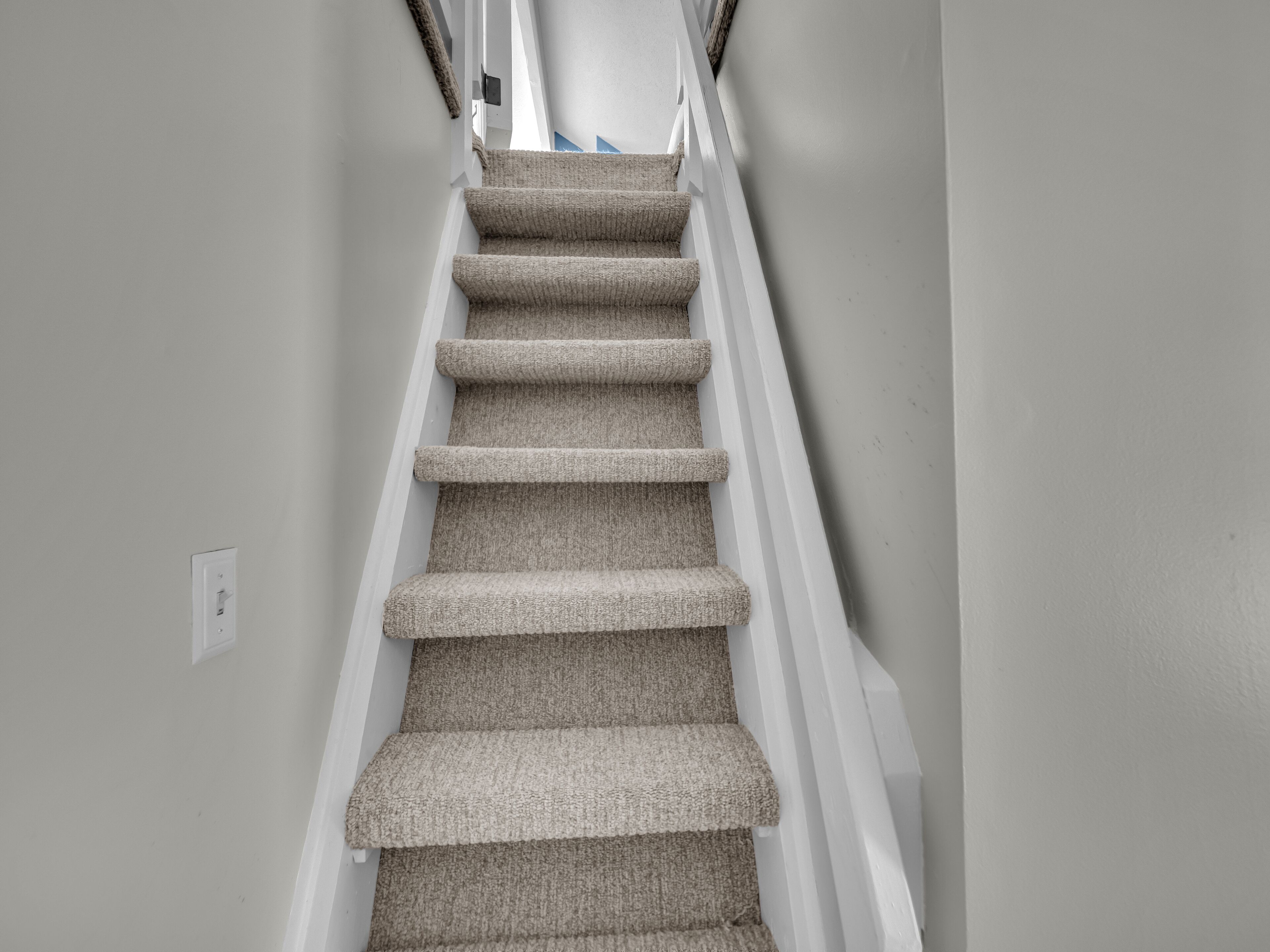 A carpeted staircase with white handrails and a light switch on the wall.
