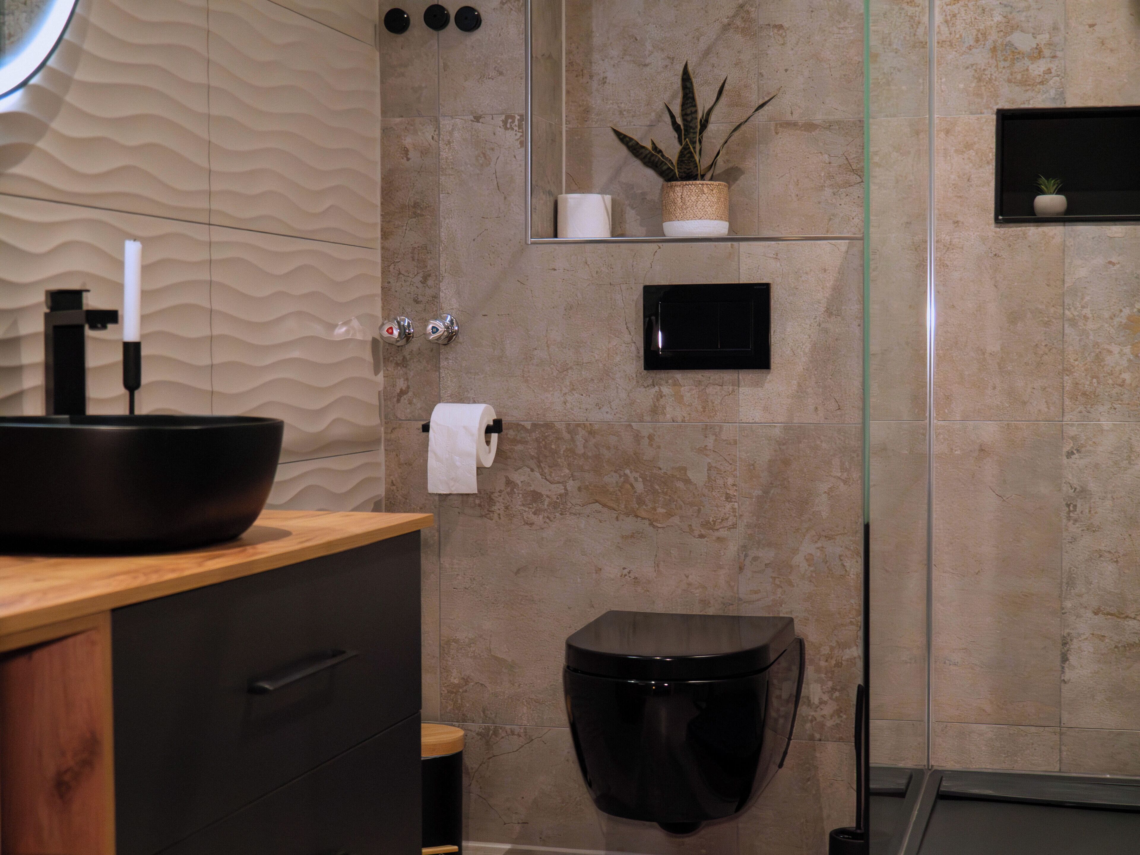 A modern bathroom with a black vessel sink, a toilet, a towel dispenser, and a small potted plant on a shelf.