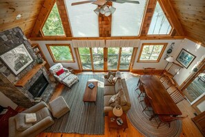 Smart TV, fireplace, books, computer monitors