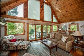 Smart TV, fireplace, books, computer monitors