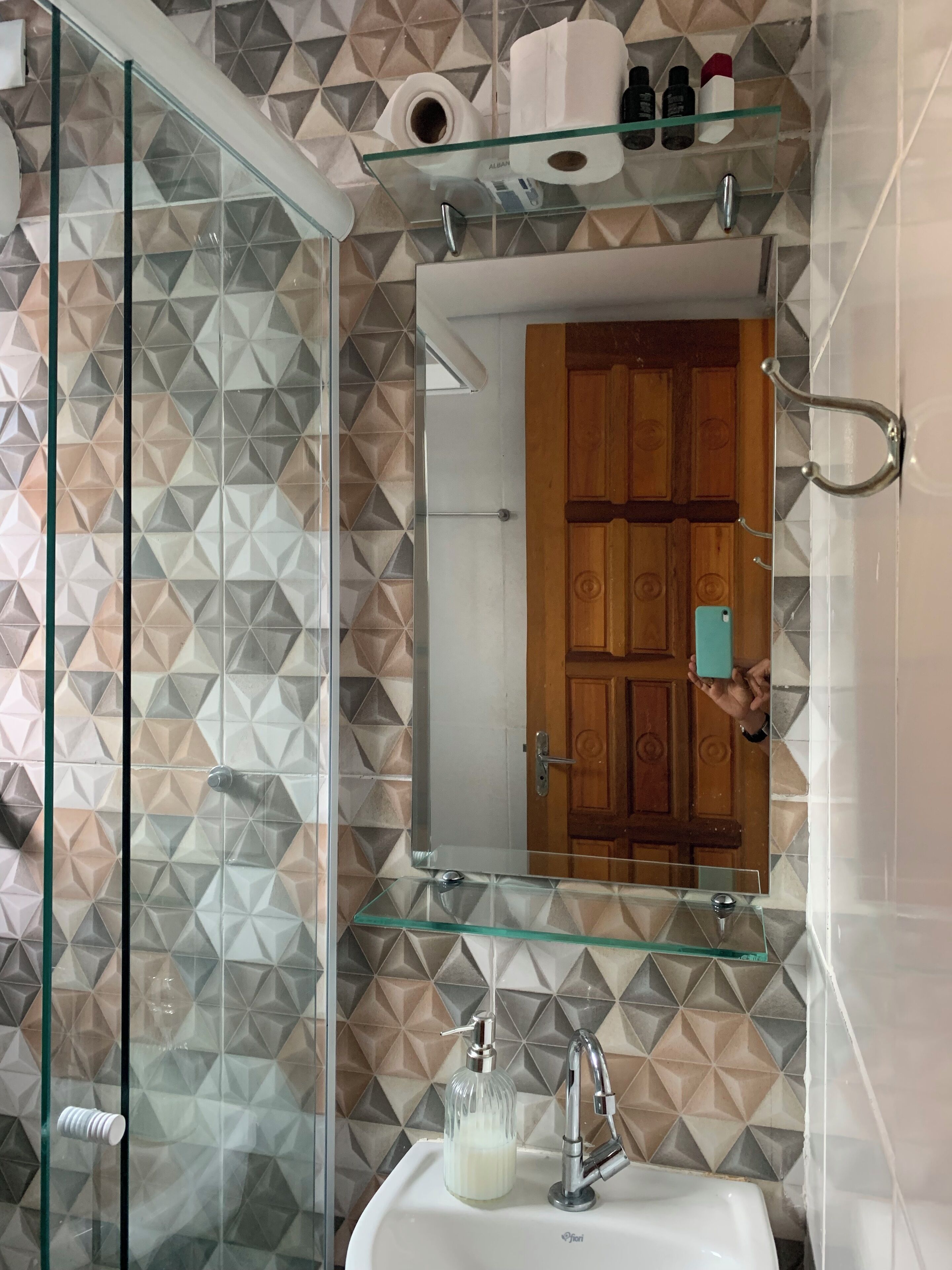 Shower, towels, soap, toilet paper