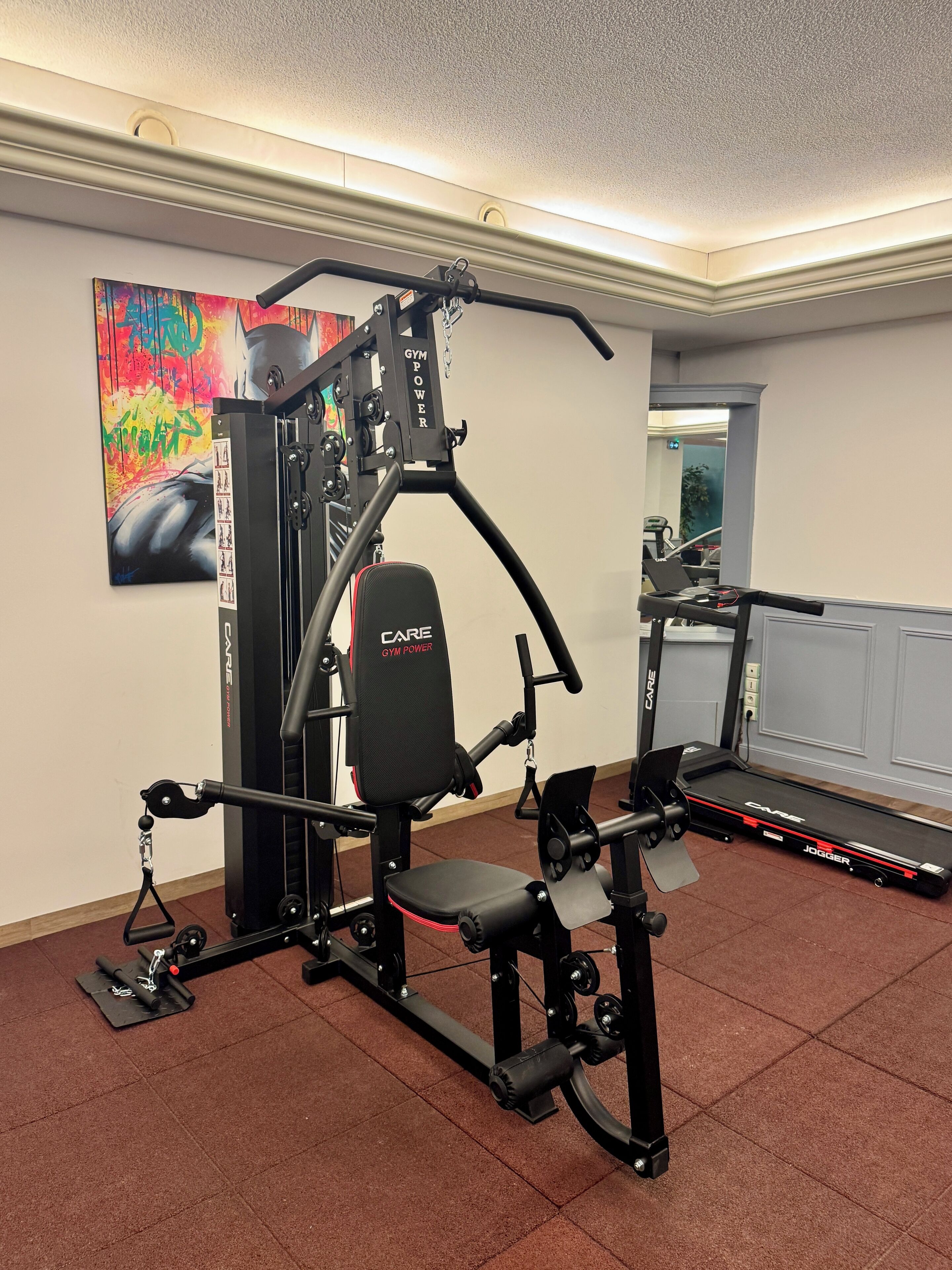Un gimnasio con cinta de correr, banco de pesas y varias máquinas de ejercicio.