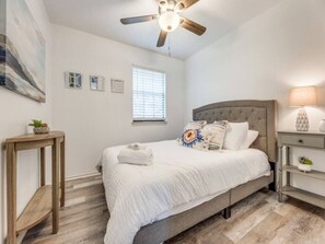 4 bedrooms, desk, iron/ironing board, travel cot