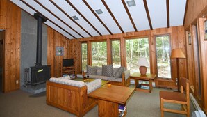 L’intérieur chaleureux d’un chalet avec une cheminée, des meubles en bois et de grandes fenêtres donnant sur la forêt.