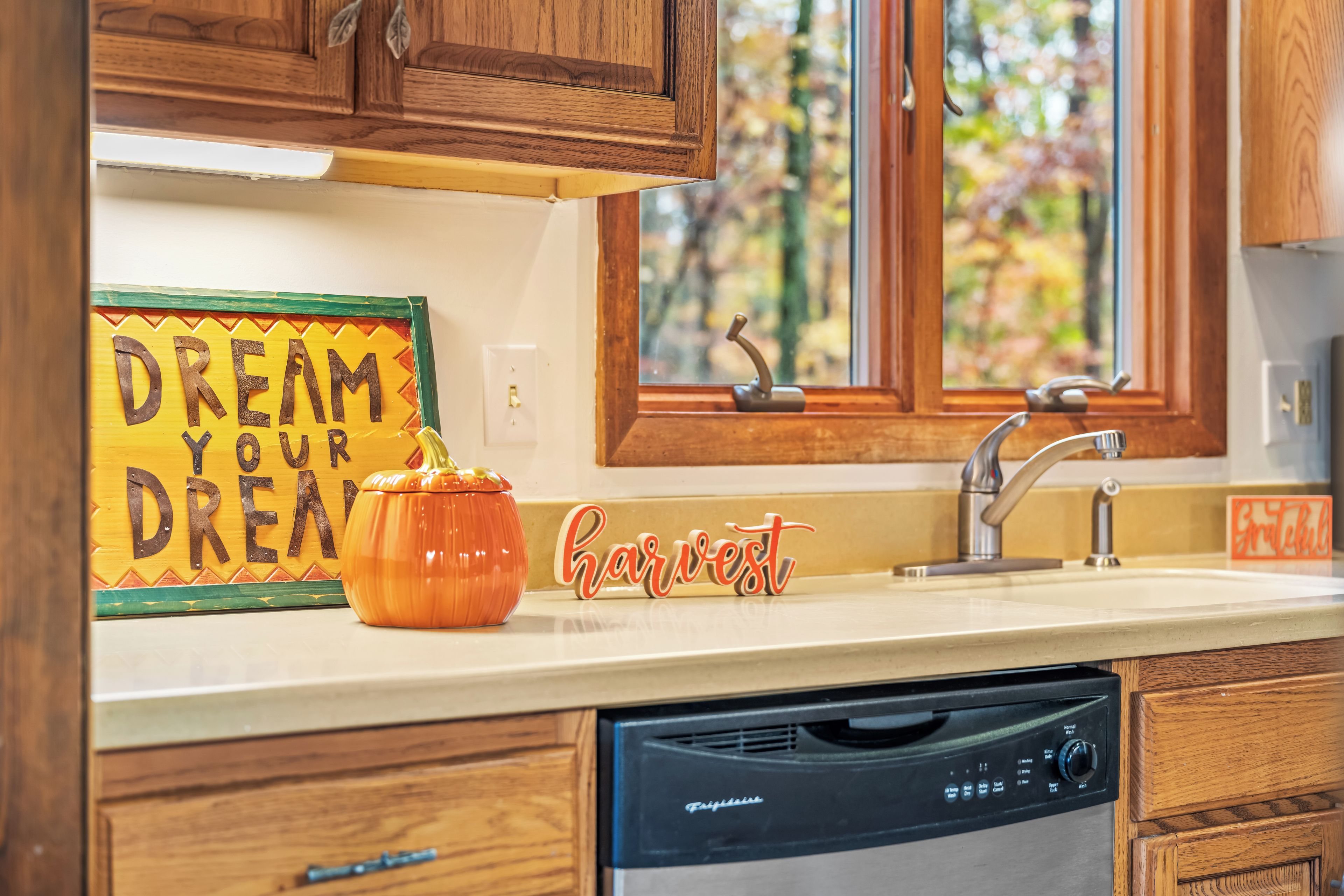 A kitchen with wooden cabinets, a dishwasher, a window with a view of trees, and a sign that says 'DREAM YOUR DREAM.'