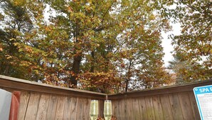 A hot tub with two glasses of champagne, surrounded by autumn trees. - Seventh Heaven - Heavenly Retreat (Great Cacapon)