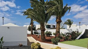 A landscaped garden with cacti, palm trees, and a white wall. - One bedroom apartment with pool views (TAHICHE)
