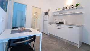 Eine kompakte Küche mit weißen Schränken, einer Mikrowelle, einem Spülbecken und einer kleinen Arbeitsfläche. Durch eine geöffnete Tür ist eine Duschkabine aus Glas zu sehen.