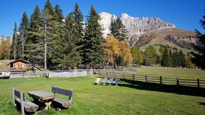Un rustico chalet con tavolo e sedie da picnic, circondato da una recinzione in legno e alberi alti, con montagne sullo sfondo.