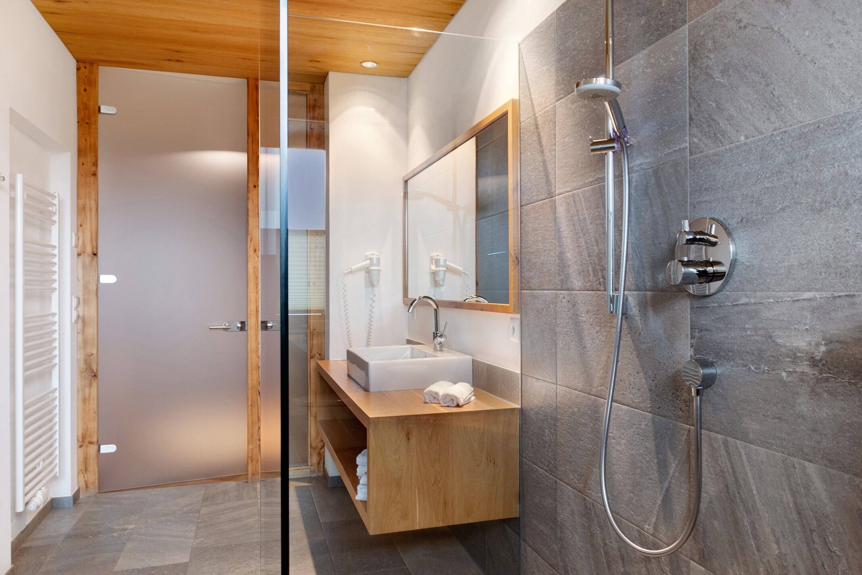 Shower, hair dryer, towels