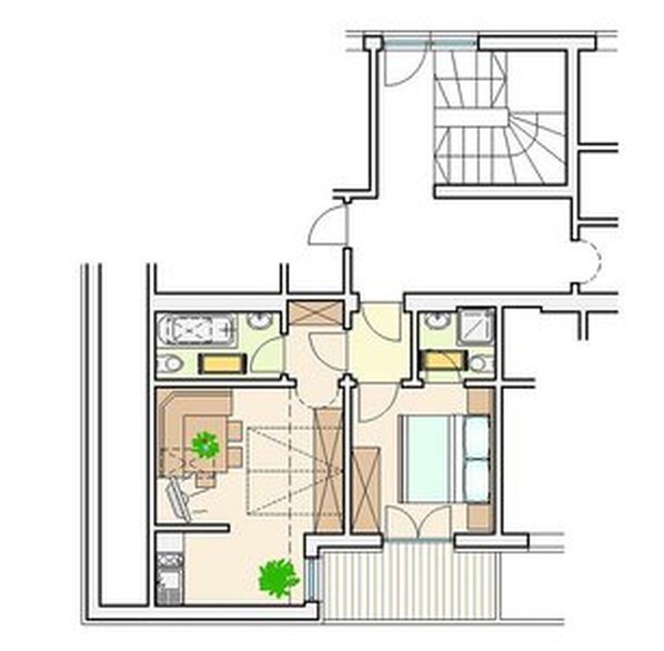 Planta baixa de um hotel, mostrando uma sala de estar, cozinha, área de jantar e dois quartos.