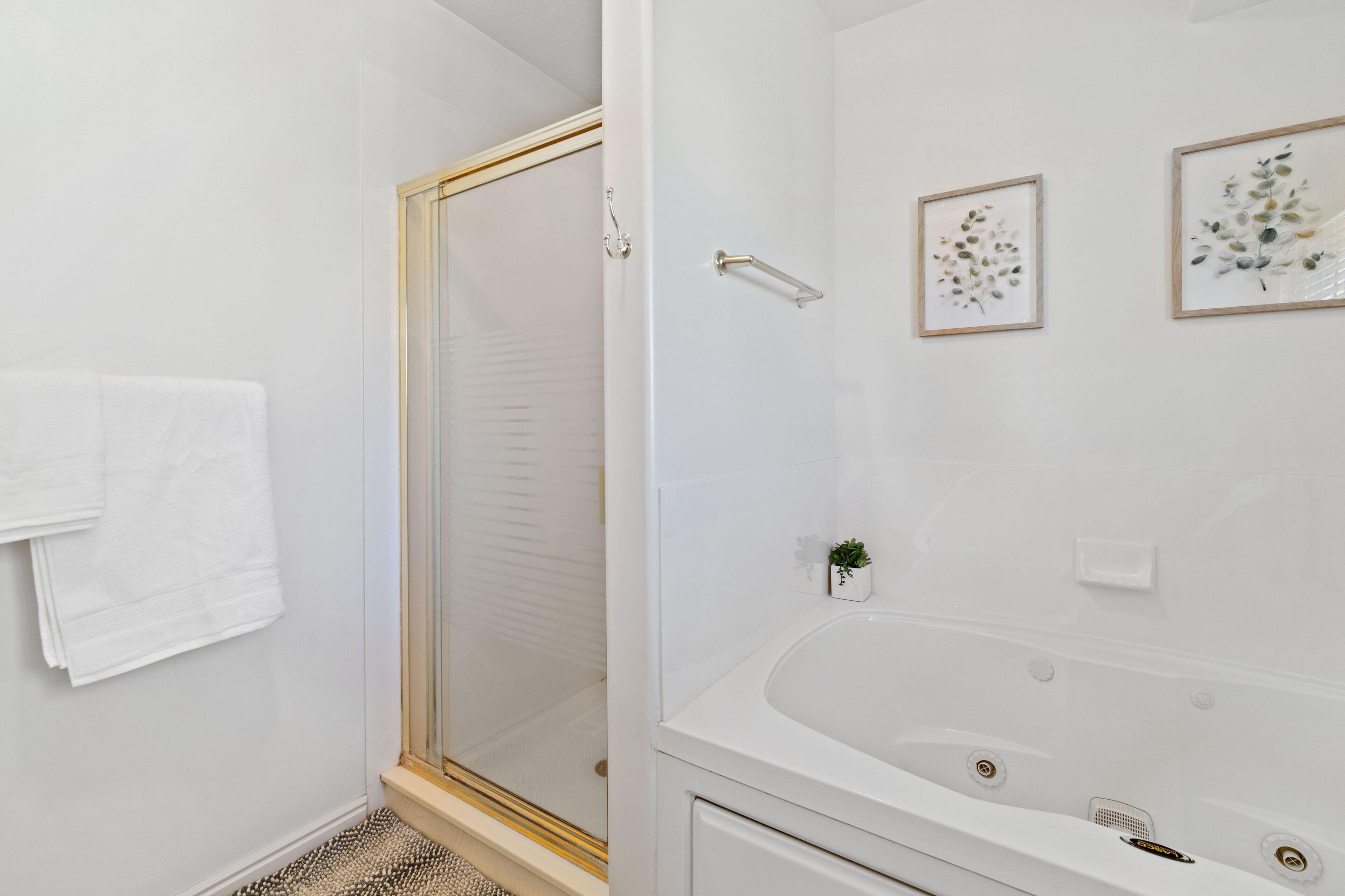 A bathroom with a glass shower enclosure, a white bathtub, and two framed botanical prints on the wall.