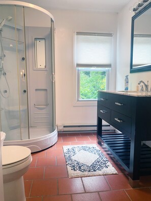 Shower, hair dryer, soap, toilet paper