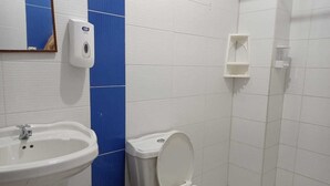 A bathroom with a white sink, a toilet, and a blue accent wall. - HOSTAL MIRADOR (Coca)