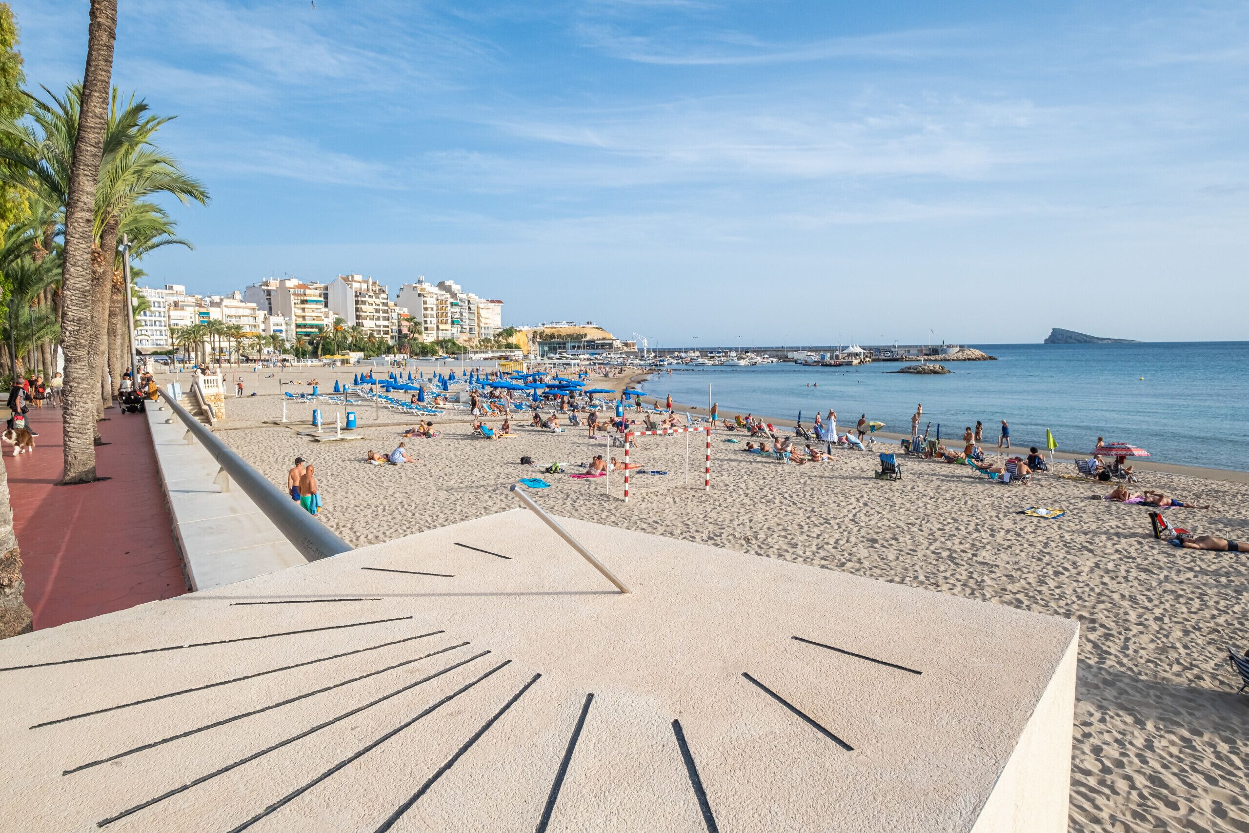 Uma praia com céu claro, palmeiras e um calçadão.