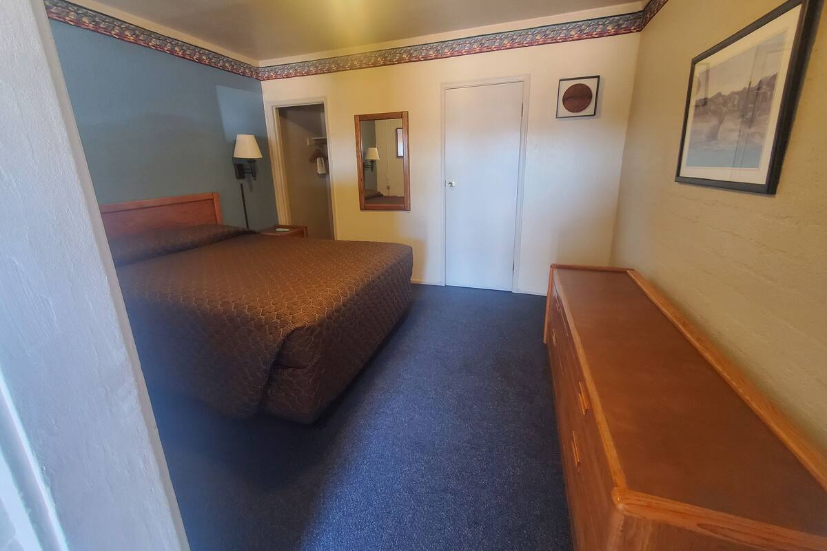 A hotel room with a single bed, a dresser, a mirror, a door, and a framed picture on the wall.