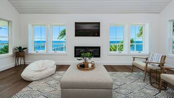 Smart TV, chimenea y estéreo