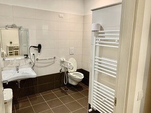 Bathroom features a sink, mirror, handheld showerhead, toilet with raised seat, and towel rack.