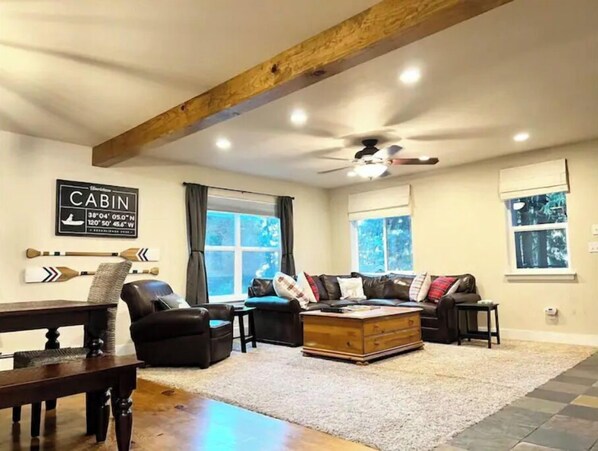 Smart TV, fireplace, books