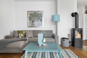 Télévision, cheminée, chaîne hi-fi