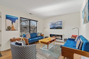 TV connectée, cheminée, livres, médiathèque