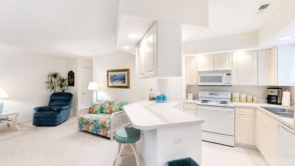 Fridge, microwave, dishwasher, coffee/tea maker