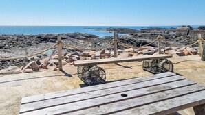 Una playa rocosa con un banco de madera y una barrera de cuerda.