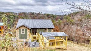 Une cabane rustique avec un toit en métal, une terrasse en bois et un petit espace porche.