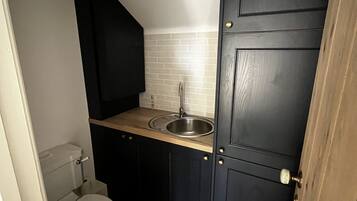Een kleine keuken met een spoelbak, toilet en donkere keukenkastjes.