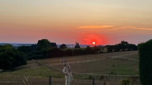 A statue in a fenced field with a sunset in the background.