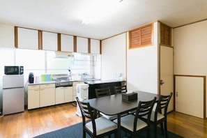 Fridge, microwave, stovetop, electric kettle