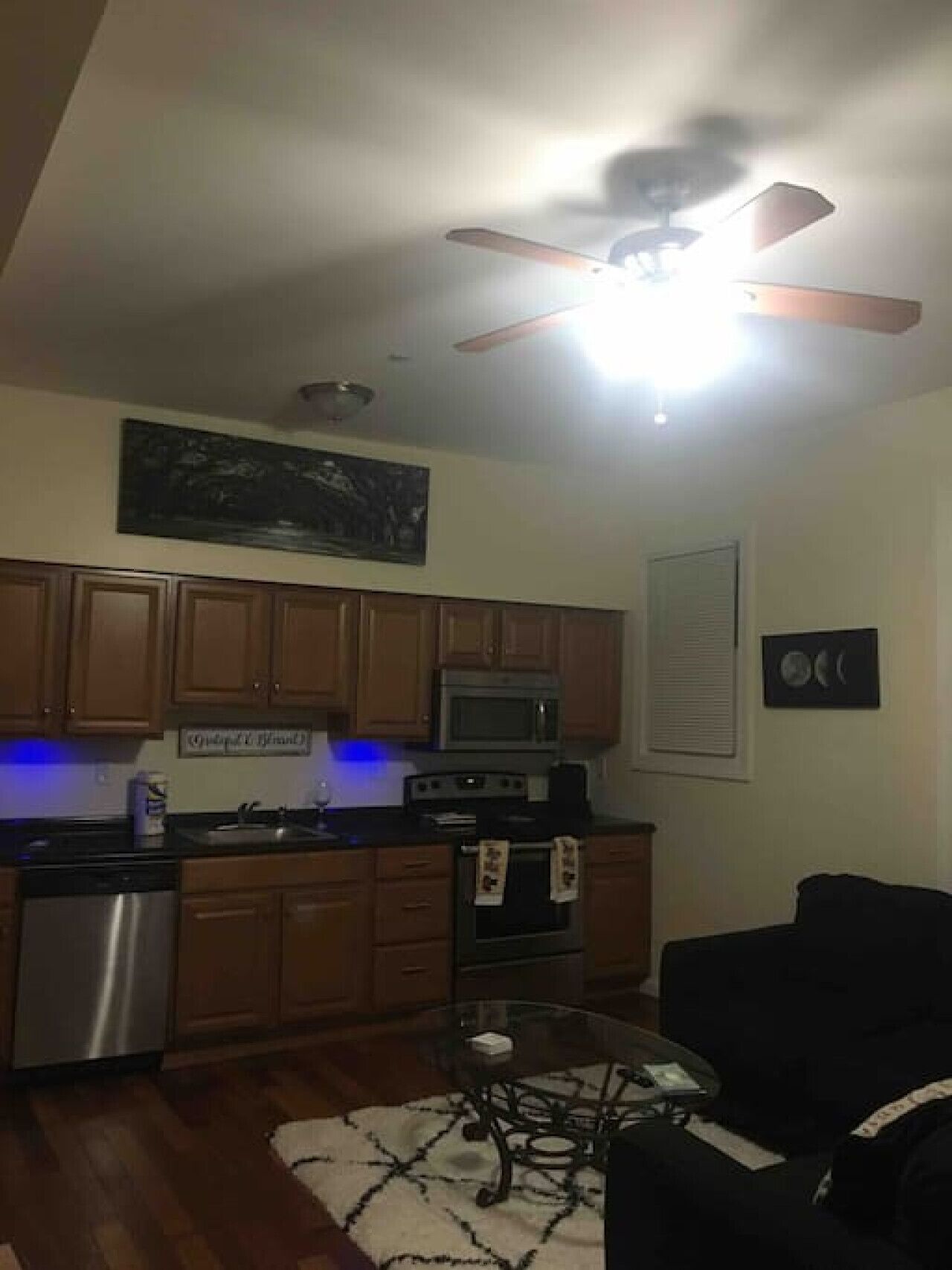 Fridge, coffee/tea maker, cookware/dishes/utensils