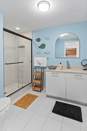 Shower, hair dryer, towels