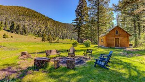 Une cabane rustique aux murs en bois, entourée d’un champ verdoyant et d’une forêt dense. On peut voir, au premier plan, plusieurs chaises Adirondack et un foyer.