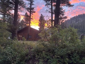 A log cabin surrounded by dense forest with a sunset in the background.