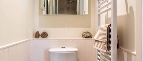 Een kleine, compacte badkamer met een wit toilet, een spiegel boven de wasbak en een handdoekrek.