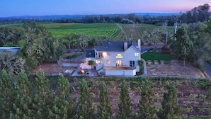 Ein modernes Haus mit einer großen Terrasse, umgeben von Weinbergen und Bäumen.