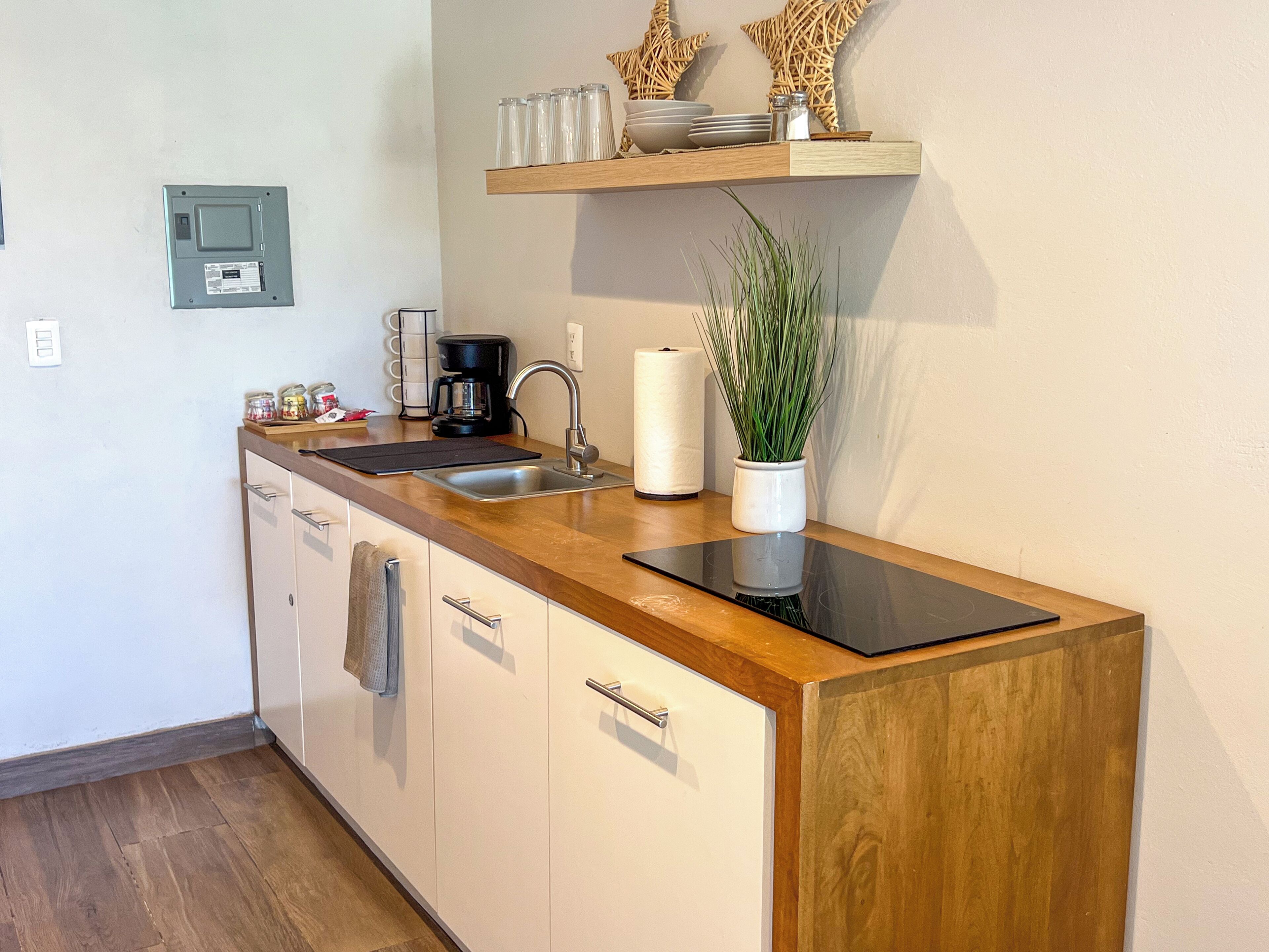 Une cuisine compacte dotée d’un plan de travail en bois, d’un évier, d’une machine à café et d’une petite plante en pot.