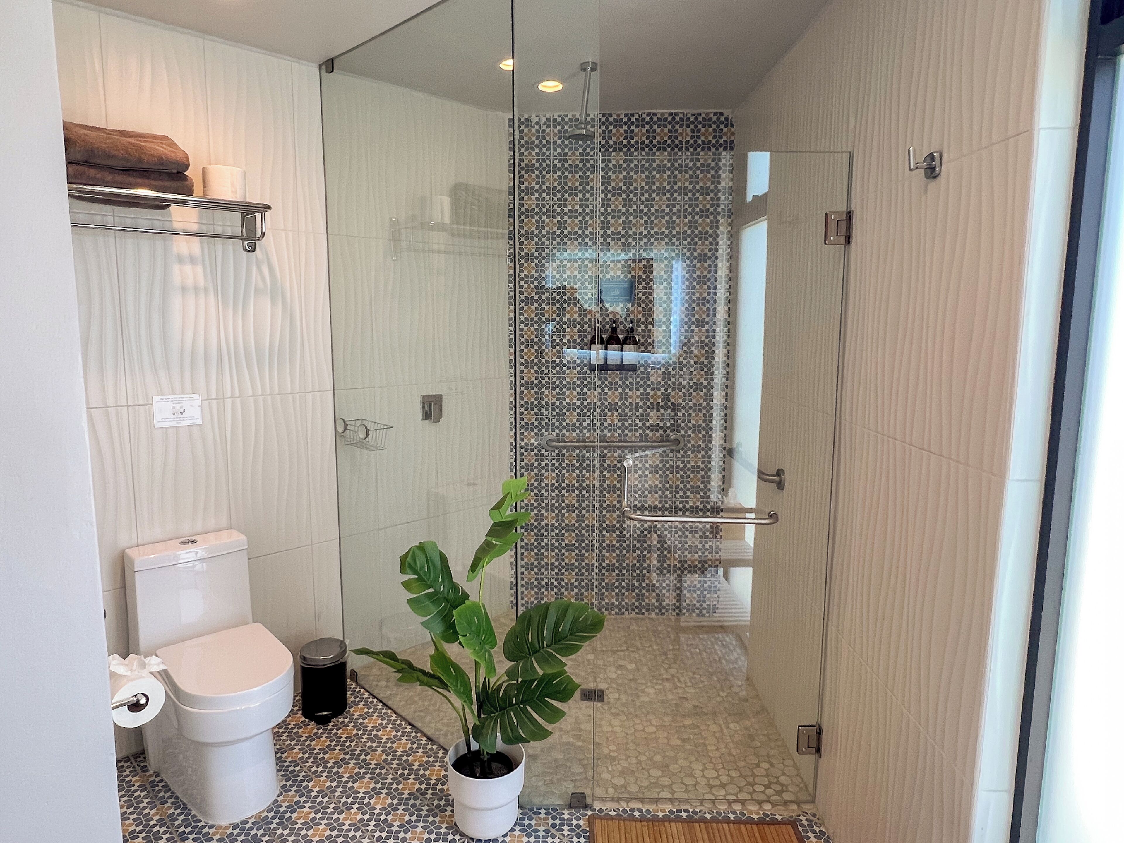 Un baño moderno con ducha envuelta en vidrio, inodoro, lavamanos y una planta en maceta.