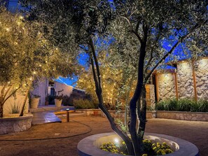 An outdoor area with olive trees, a stone wall, and a building with warm lighting. - Valle Soléa (Valle de Guadalupe)