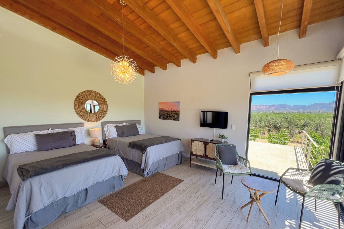 A bedroom with two beds, a TV, and a balcony with a view of the countryside.