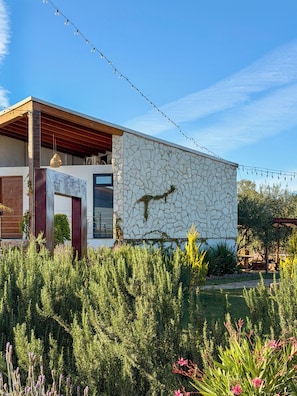 Een modern gebouw met een gevel van natuursteen, een houten terras en een tuin met diverse beplanting.