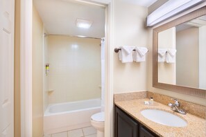 Hair dryer, towels, soap, shampoo